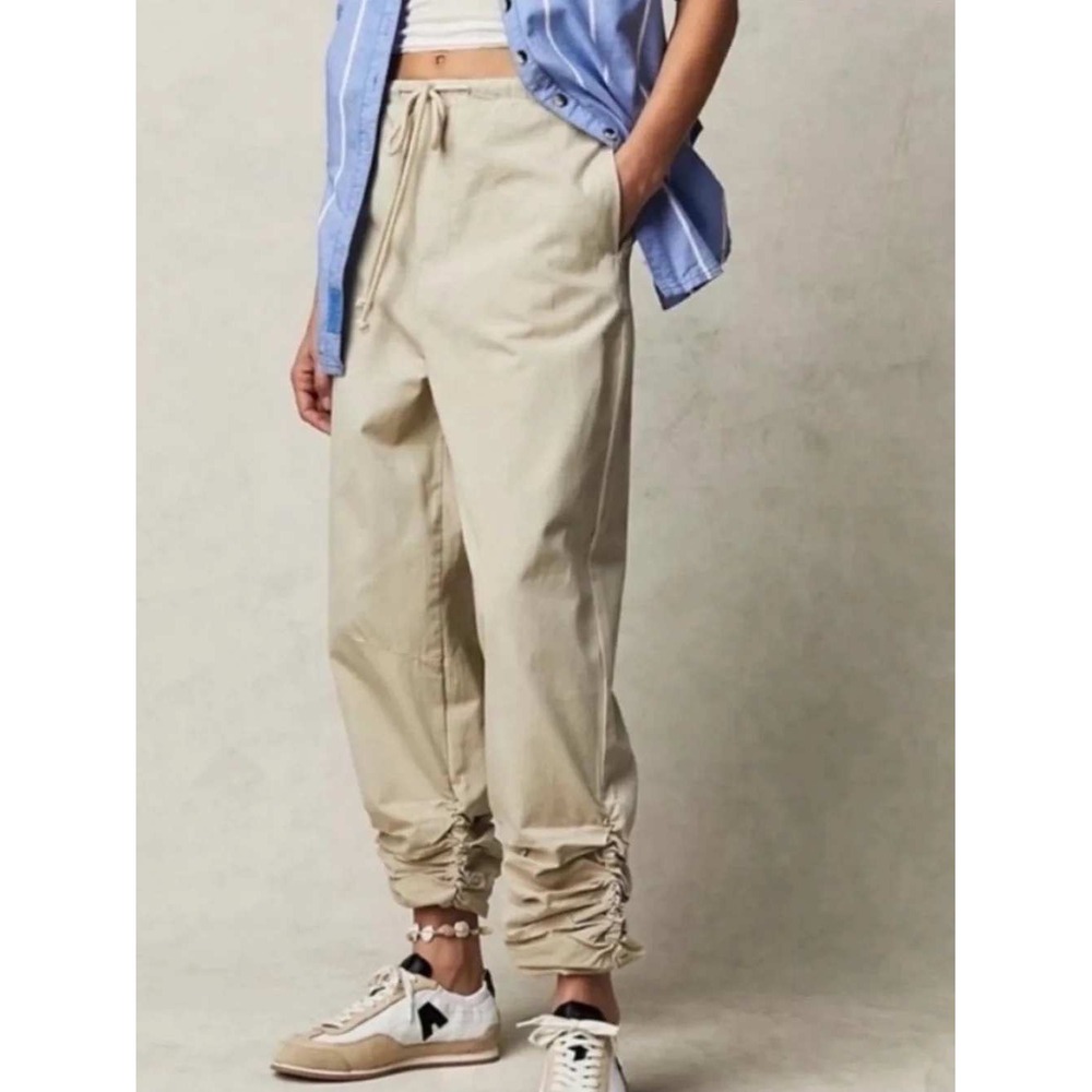 Free People Womens Light Parachute Pants XS Khaki Ruched Cargo Streetwear Boho